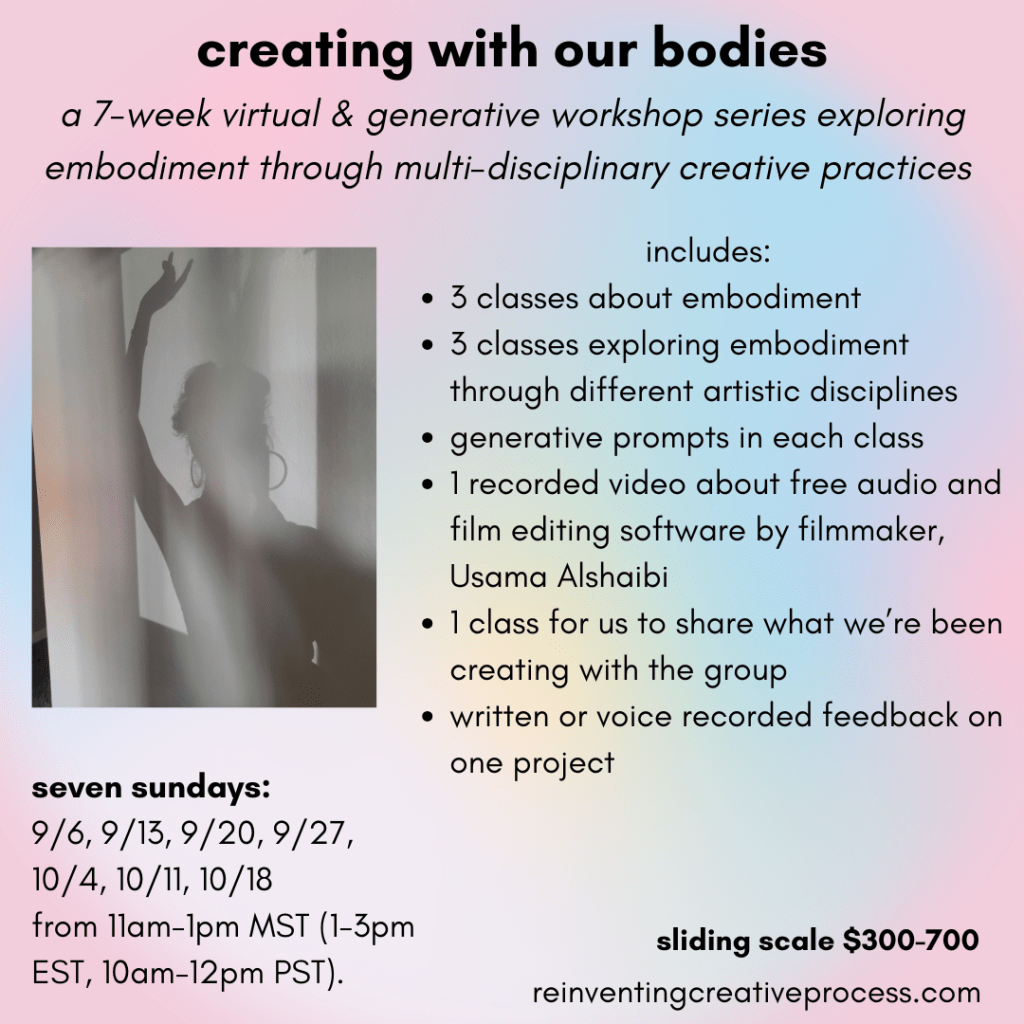 An image with a pink and pastel-rainbow background with black text that offers basic information about this workshop that can be found on the webpage below. There's also an image of lauren's shadow on a wall, holding up their hand.