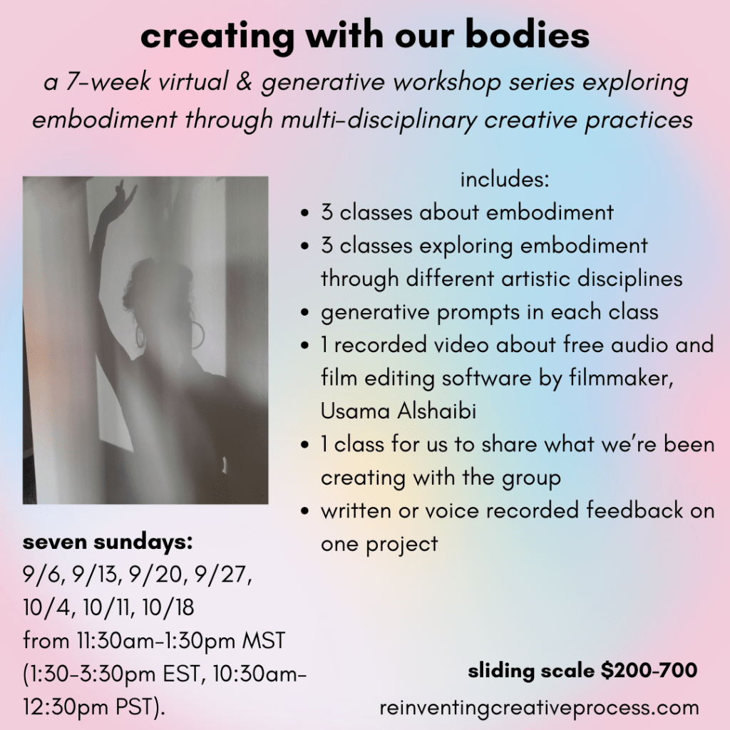 An image with a pink and pastel-rainbow background with black text that offers basic information about this workshop that can be found on the webpage below. There's also an image of lauren's shadow on a wall, holding up their hand.